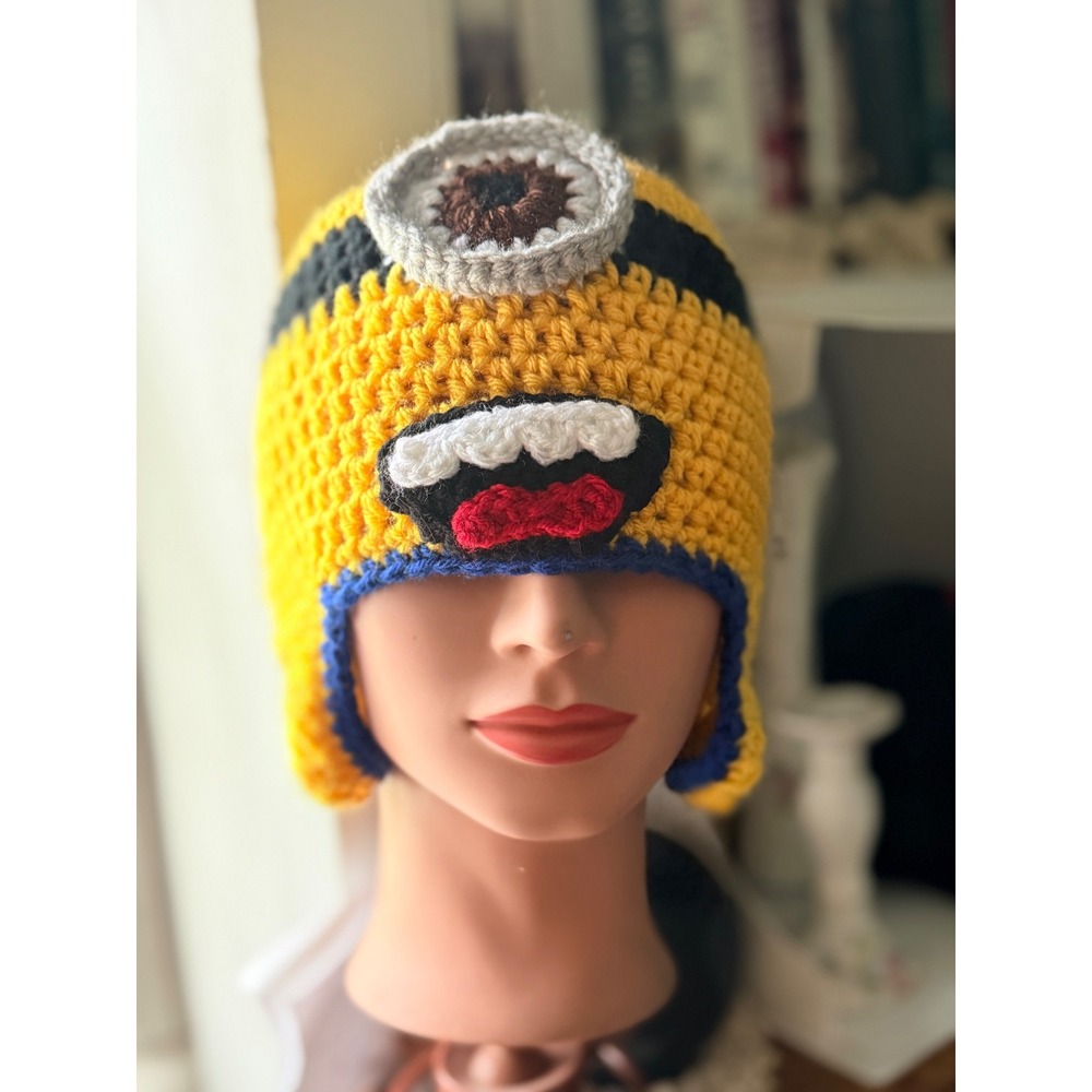 Handmade Minion Crochet Beanie Kids OS Yellow Earflap Character Hat uniex